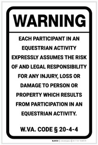 Warning: West Virginia Equine Liability WV - Label